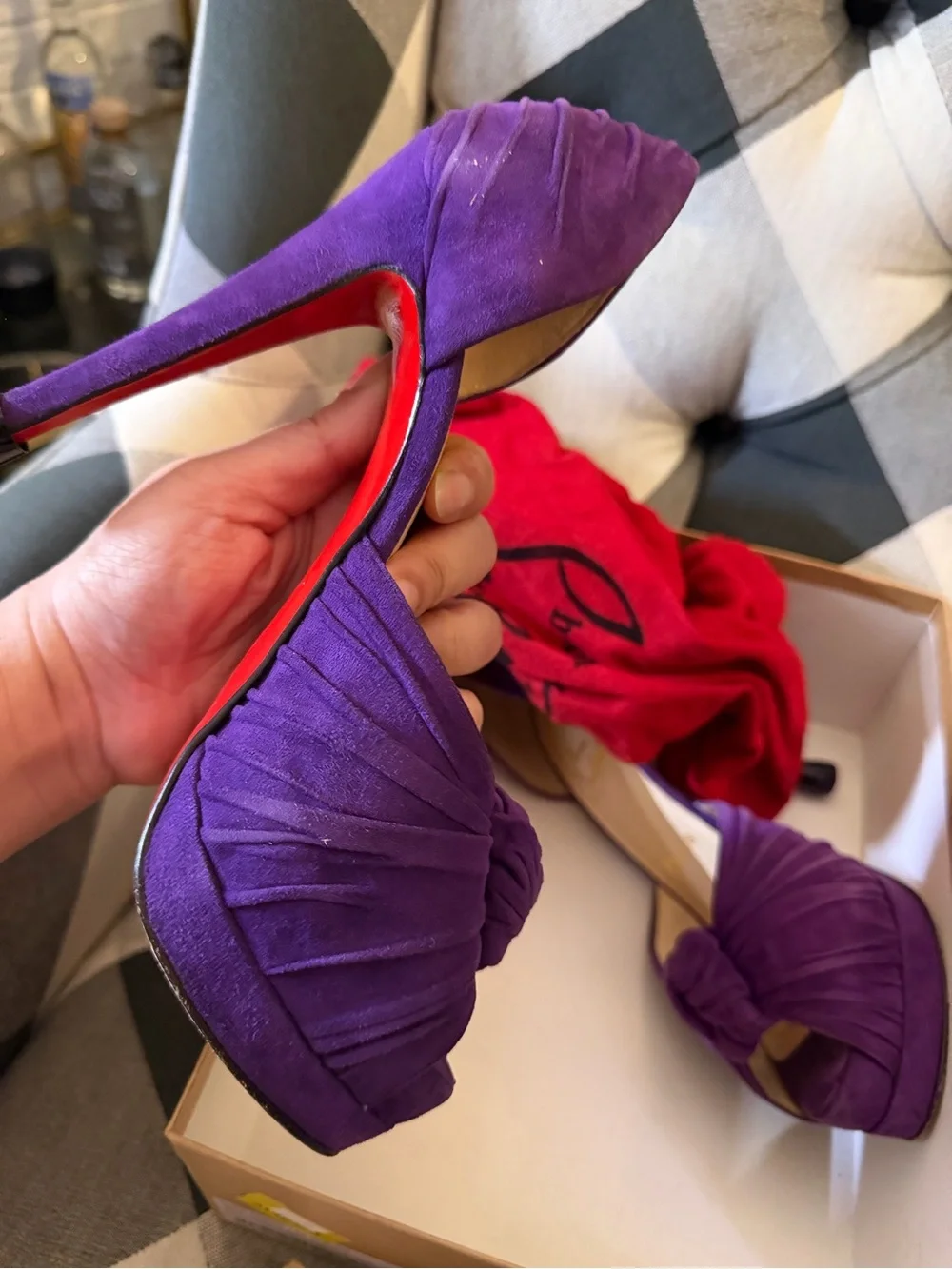 Christian Louboutin Alta Nodo Purple Suede Knot Platform D'Orsay Heels Pump 37.5